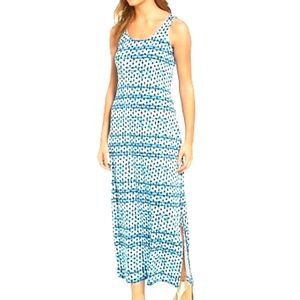 TOMMY BAHAMA Tank Maxi Dress Dot Matrix Print White/Blue (Old Royal) XXS